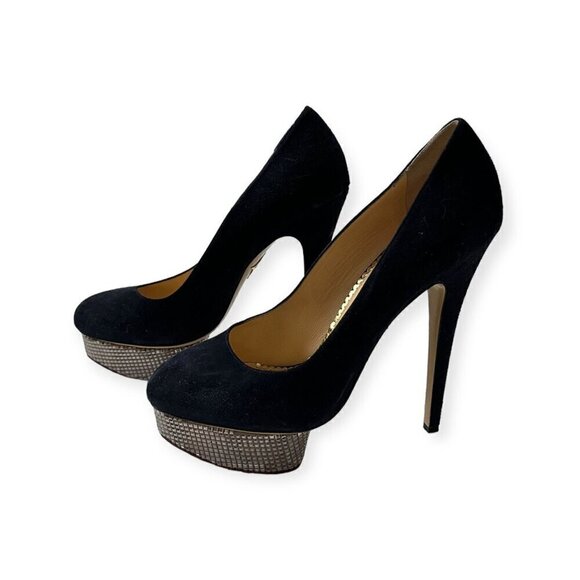 Charlotte Olympia Dolly Platform Pumps with Metal Platform, 41 EU, Navy Suede - Picture 6 of 16